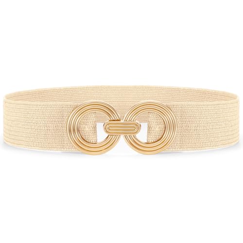 Waist Wow Straw Woven Elastic Belt for Women Fashion Wide Belts Stretchy Boho Belt Ladies Beach Dress Belt with Gold Buckles,beige,35