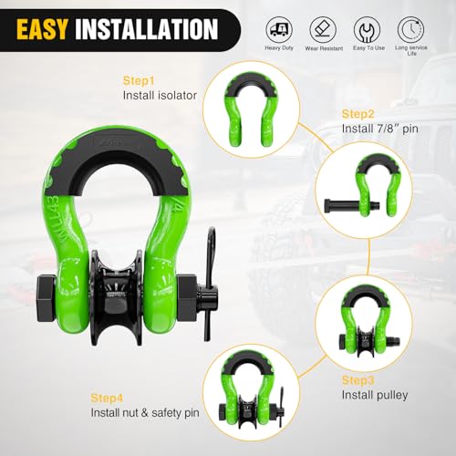 Image of Nilight 3 /4 inch D-Ring Shackle w /Snatch Block (2 Pack) 9,500 lb Working Load, 2-in-1 Heavy‑Duty Towing Pulley w /Isolator for Off‑Road Recovery, Winch Cable & Rope, Truck Jeep ATV UTV Tractor, Green