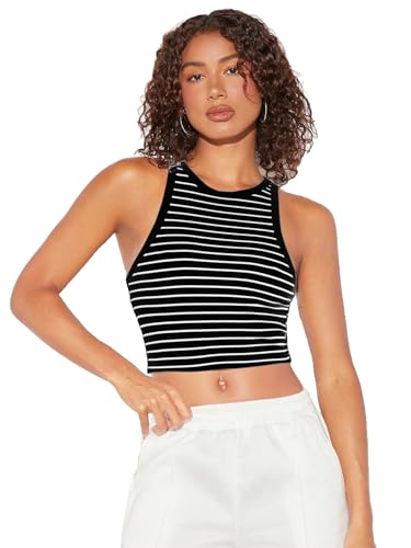 Image of Aahwan Women's & Girl's 100% Polyester Black Slim Fit Striped Crop Racerback Tank Top