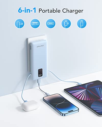 Image of charmast Portable Charger with Built-in Cables and Wall Plug, 10000mAh USB C Portable Power Bank, Potable Phone Charger, Travel Essentials Compatible with iPhones, Samsung Galaxy, iPad