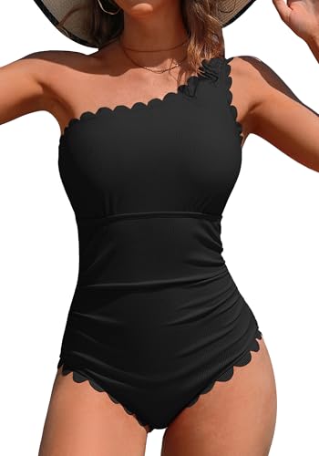 Charmo One Shoulder One Piece Swimsuit Women Ribbed Scalloped Bat...