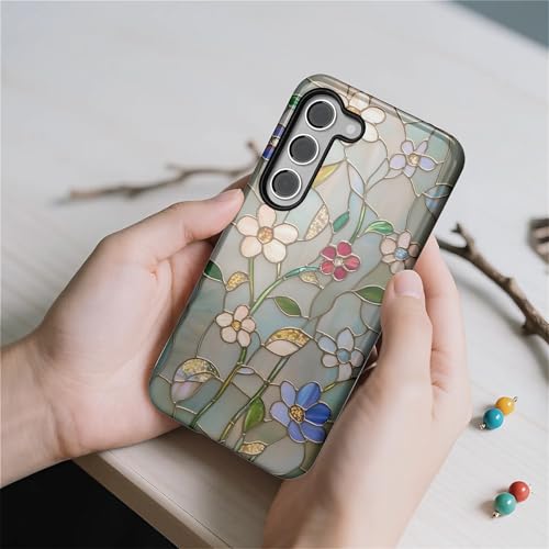 Wqwaxxc Compatible with Samsung Galaxy S23 Case,Glossy 2-in-1 Sleek All-Inclusive Dual-Layer Material Soft TPU + PC Back for Spring Floral Flower Stained Glass Mosaic Boho Botanical - image 7