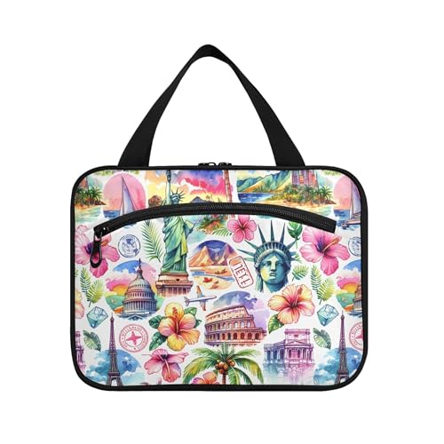 Burbuja Bolsa de Higiene Pessoal de Viagem Famosa para Mulheres, Bolsa de Higiene Pessoal Impermeável Organizador de Cosméticos para Acessórios de Higiene Pessoal, M, Marcos famosos, Medium