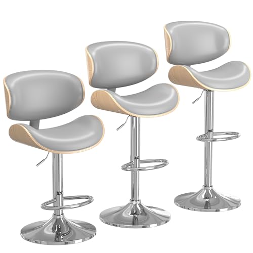 Image of YaFiti Bar Stools Set of 3, Bar Stools for Kitchen Island with Bentwood Back and Leather Seat, Swivel Bar Stools for Kitchen Counter, Bar, Grey