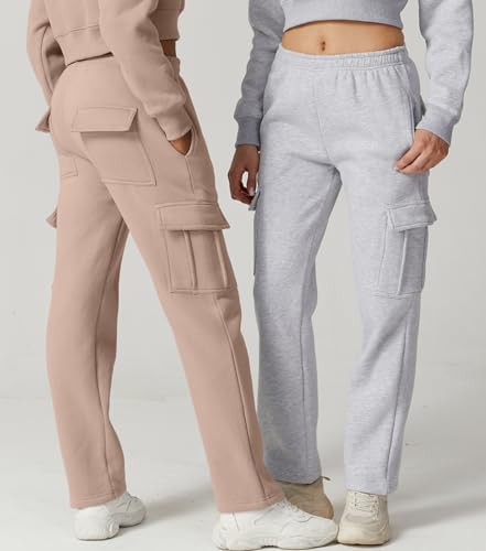Image of QINSEN Baggy Medium Waist Elastic Sweatpants for Womens Casual Long Fleece Cargo Pants with Pockets