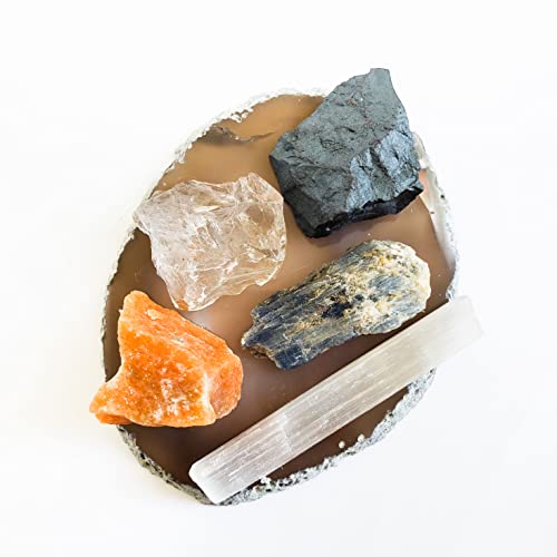 Conjunto Espiritualidade com 5 Pedras Brutas Mistas Na Base Ágata Natural, Calcita Laranja, Cianita
