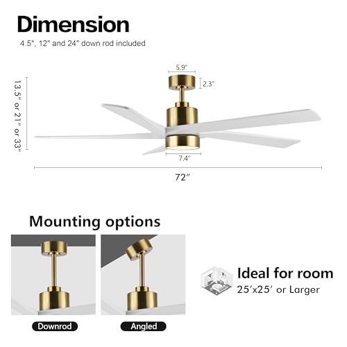 Image of WINGBO 72 Inch DC Ceiling Fan with Lights and 3 Downrods, 5 Reversible Carved Wood Blades, 6-Speed Noiseless DC Motor, Large Ceiling Fan in Brass Finish with White Blades, ETL Listed