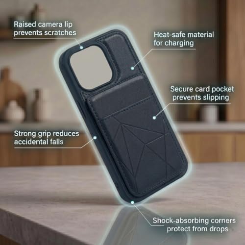 Image of amazon basics Premium Vegan Leather Back Cover with Card Holder and Integrated Mobile Stand for iPhone 16 Pro - Slim Shockproof Wallet Case with Geometric Stitching [Blue]