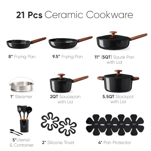 Image of CAROTE 21pcs Ceramic Cookware Set, Pots and Pans Set | Non-Toxic Healthy Cooking Set with Silicone Lids, Dishwasher Safe, Even Heating, with Steamer & Silicone Trivet, PFAS FREE