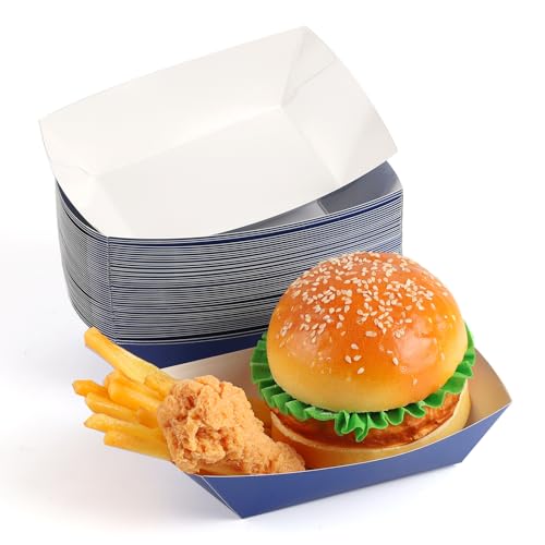 MEOTAKILE 50 Pcs 2lb Paper Food Boat Trays Disposable，Snack Tray，Food Trays for Snack French Hot Dog Taco Popcorn Picnic party Wedding，Concession Stand Supplies (Blue)