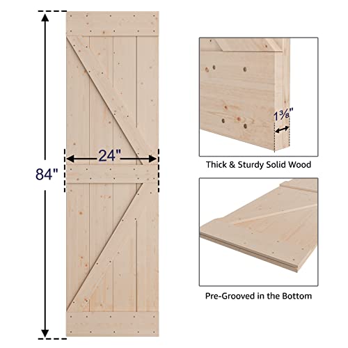 Image of SmartStandard 24in x 84in Sliding Barn Wood Door Pre-Drilled Ready to Assemble, DIY Unfinished Solid Spruce Wood Panelled Slab, Interior Single Door, Natural, Frameless K-Shape (Fit 4FT Rail)