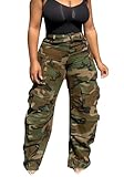 LKOUS Women’s Cargo Baggy Straight Jeans Streetwear Y2K High Waist Wide Leg Denim Pants with Multiple Pockets Camo