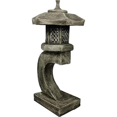 OUTOUR Asian Large Size Cantilever Zen Pagoda Resin Tall Lantern Statue Outdoor Sculpture for Garden Backyard Decor 36'' High Gray Cover