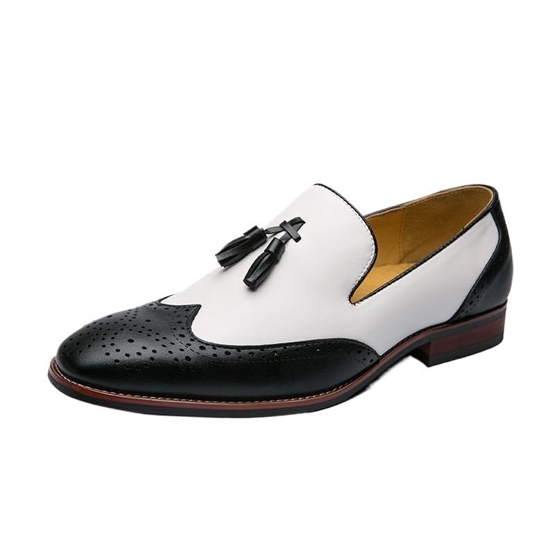 Two Tone Tassel Brogue Formal Oxford Shoes for Mens Office Vintage Fashion Casual Business Non Slip Low Top Block Heel Anti-Slip Dress Pointed Toe Italian Leather Slip-on
