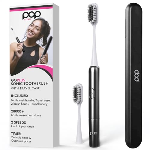 Pop Sonic Electric Toothbrush – Electric Toothbrush for Adults – Bathroom Essentials & Travel Essentials – Dupont Nylon Bristles –18000-24000 Strokes/Min w/AAA Battery – 2 Speed – Go Plus (Black)