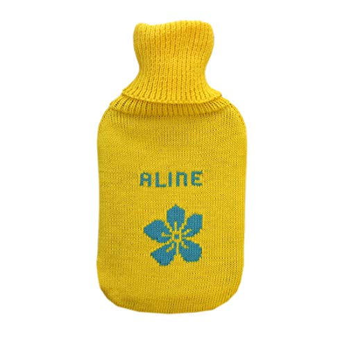 Bouillotte personnalisée en laine mérinos tricotée jaune et turquoise
