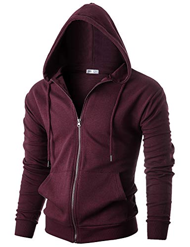 OHOO Men's Zip Up Hoodie Lightweight Sweatshirt Full Zip Hooded Jacket, Dcf102-dark Burgundy (Inside Pocket), S