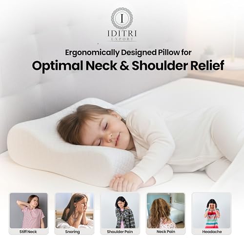 Image of Memory Foam Baby Pillow, Ergonomic Therapy Design for Kids Neck Support, Breathable Washable Cover, Cervical Relief for Stiff Joints and Snoring, 42 x 26 x 6 cm,White