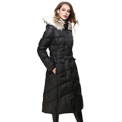 Bldo Women's Long Thickened Fur Hooded Down Jacket With Sashes (M, Black) #TOP4