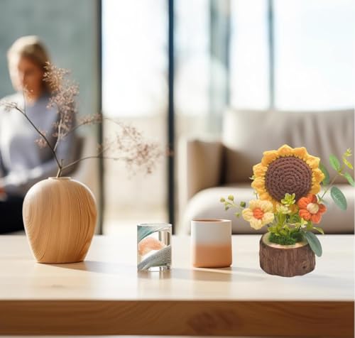 Image of VRB DecTM 1 Pcs Crochet Flowers Artificial Sunflower for Office Desk Car Dashboard Decor,Home Decoration, Office, Bedroom (Sunflower Artificial Plants with Pot Wodden - 1 Pcs)