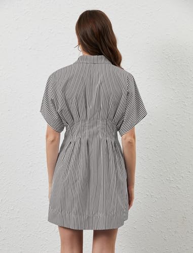 Image of calbatic Women Button Down Pleated Shirt Dress Striped Short Sleeve Summer Casual Business Flowy Mini Short Dress