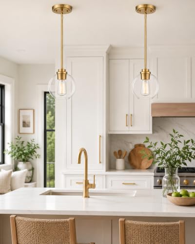 Image of Brass Pendant Lights Kitchen Island 2 Pack, Farmhouse Gold Pendant Light with Clear Glass Globe Shade, Kitchen Island Lighting for Dining Room Entryway, AD-22280-1P2-GD-C
