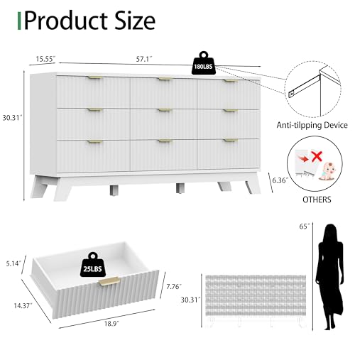 Image of Xixini Fluted Dresser for Bedroom with 9 Drawers, 57 inch Wide Modern Chest of Drawers with Metal Handle, Wooden Dresser TV Stand, Wood Closet Clothes Storage Organizer for Living Room, Hallway, White