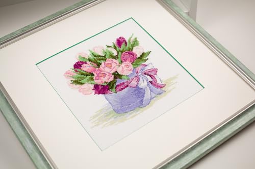 Image of RIOLIS - Tulips Hat Box 2003, Floral Cross Stitch Kits 7 inchx7, Cross Stitch Kits for Beginners & Advanced, Crossstitching Kits Adult, Counted Stitching Kits, Flowers Embroidery Kit
