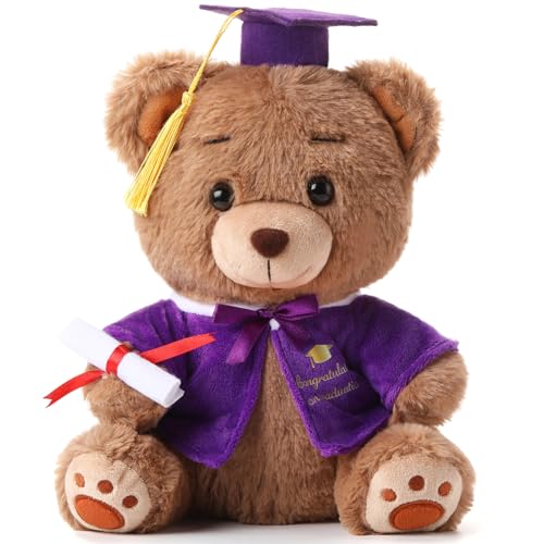 Deekin 10 Inch Graduation Bears Stuffed Animal Class of 2026 Plush Cap Grad Bear Kindergarten Grad Gifts Stuffed Animal Plush Toy for Party Decor(Graduation,Purple)