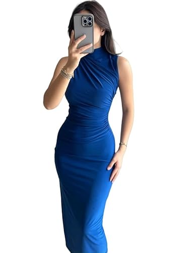 Sukiglam Sexy Kleid Damen Elegante Bodycon Maxikleid Für Hochzeitsgast Ärmellose Hoher Ausschnitt Lange Abendkleider Figurbetonte Sommerkleider mit Schlitz Partykleid Eng Wickelkleid Cocktailkleid
