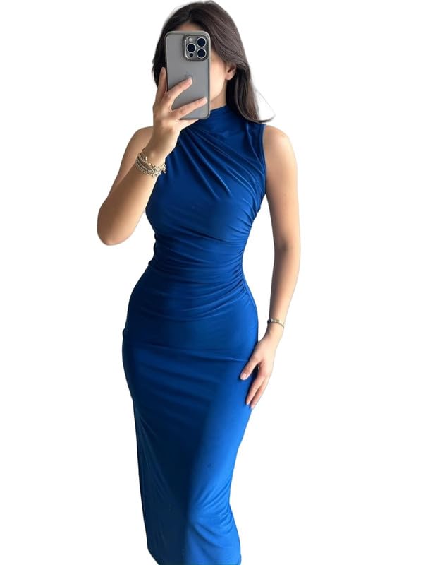 Sukiglam Vestido Mujer Sexy sin Mangas Cuello Alto Vestidos Largo Ajustado Elegante Maxi Vestido con Abertura Verano Cintura Alta Slim Fit Wrap Vestidos Fruncido de Fiesta Cóctel Noche Clubwear