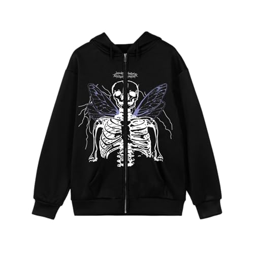 Zanisouta Sudadera para hombre Harajuku Sudadera de gran tamaño con cremallera Y2k Streetwear manga larga chaqueta con capucha estampado gótico chaqueta punk vintage sudadera con cremallera abrigo, O