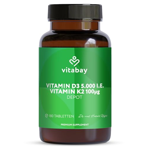 Vitabay Vitamin D3 + K2 Depot – 180 vegane Tabletten – hochdosiert – 5000 IE Premium Vitamin D3 mit K2-MK7 All-Trans – ohne Zusätze – vegan & laborgeprüft in Deutschland – Vorrat für über 18 Monate