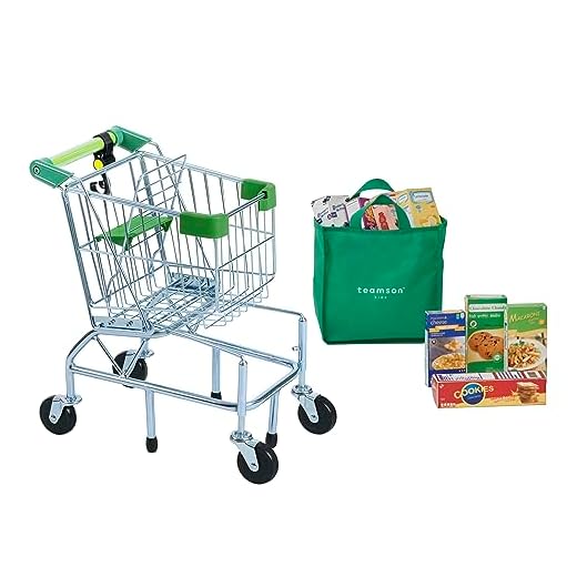 Teamson Kids Little Helper Dallas Play Shopping Cart with Fold-Out Seat, Pretend Food, Grocery Bag - for 3yrs and Up, Pretend Play Store, Chrome/Green