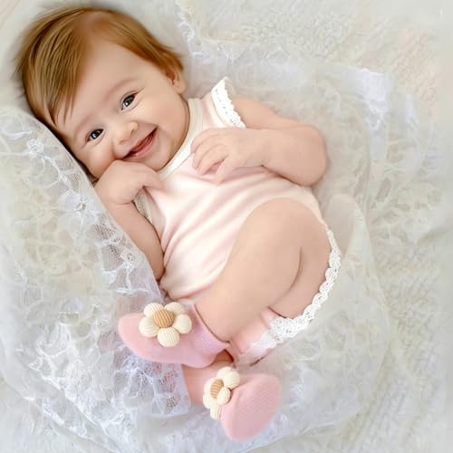 Baby Girl Socks with Non-Slip, Cute Flower Grippy Design Toddler Ankle Socks Gift for Newborn Babies Infants 4 Pairs3