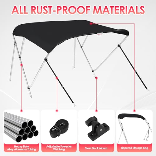 Image of Bimini Tops for Boats, Black 3 Bow L6' x W61-66 x H46, 900D Polyester Bimini Top, 2 Rear Support Poles and Storage Boot, 4 Adjustable Nylon Straps