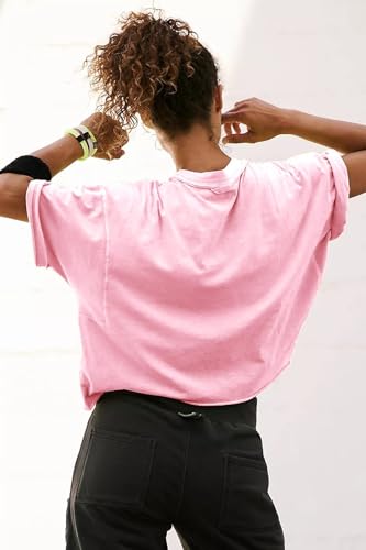 Image of HUGOOME Womens Oversized Workout Crop Top Casual Short Sleeve Boxy Roll Hem