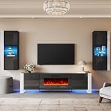 AMERLIFE 3-Piece Modern Wall Unit Entertainment Center Set, High Gloss 80' Fireplace TV Stand with 40' Electric Fireplace, 2 Wall Storage Cabinets with LED Lights for Living Room, Black