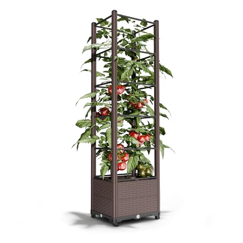 Raised Garden Bed with Trellis for Tomatoes, 10.5 Gal Planter Box Outdoor, 69.69' Tall Flower Planter with Tomato Cage, 15.7' Elevated Garden Bed for Vegetables, Climbing Plants & Flowers (Brown)