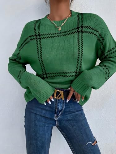 Women's Off Shoulder Pullover Knit Sweater Plaid Crew Neck Long Sleeve Cute Trendy Cozy Sweaters2