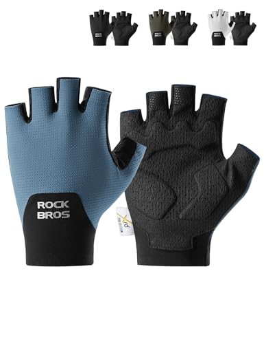 ROCKBROS Fingerless Cycling Gloves Padded Shock-Absorbing Half Finger Bicycle Gloves for Men Women L Blue