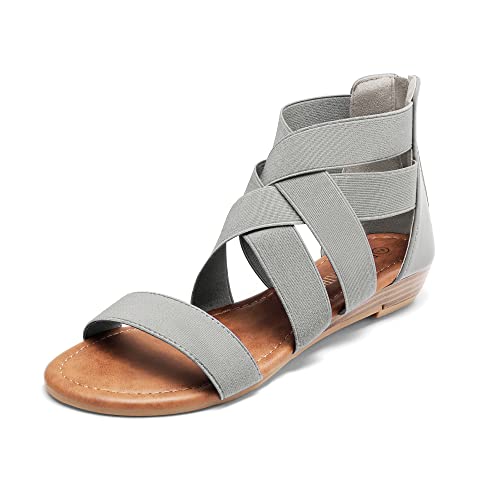 DREAM PAIRS Women's Elastic Ankle Strap Low Wedges Sandals 6.5 Grey