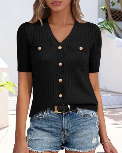 Zenlonr Women's 2025 Summer Button Down Shirts Casual Short Sleeve Blouse Tops V Neck Ribbed Knit Cardigans2