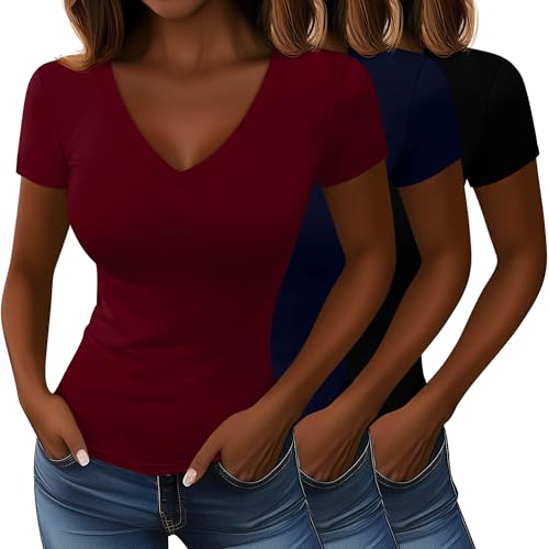 Huukeay 3 Pack Women's Deep V Neck Shirts, Short Sleeves