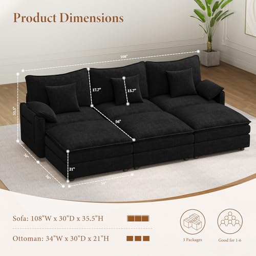 Image of Vesgantti 108 inch Sectional Sleeper Sofa, 6-Seater Oversized Modular Cloud Couch with Movable Ottoman, Chenille Large Sofa Bed Convertible Deep Seat Couches for Living Room, Bedroom and Apartment, Black