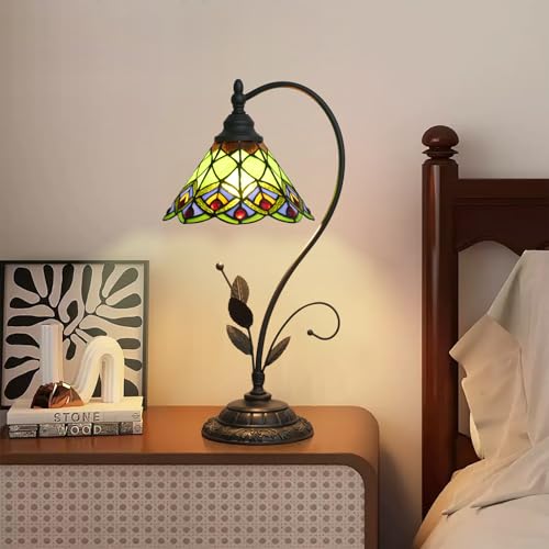 Blivuself Tiffany Tischlampe Grüner Pfauenschwanz Buntglas Lampe Tiffany Stil S Blätter Vintage Schreibtisch Licht für Nachttisch Wohnzimmer Büro Schlafsaal Esszimmer