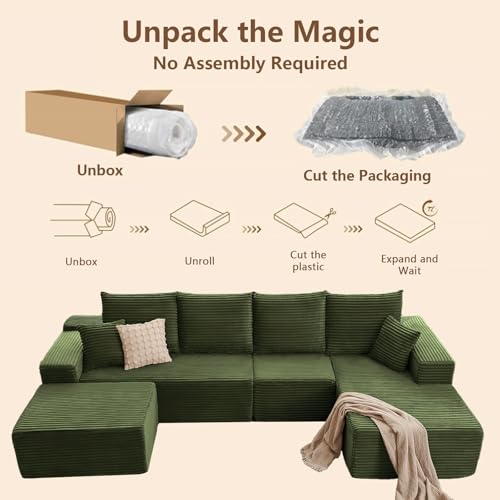 Image of 135.4 inchModular Sectional Sofa, Boneless Couch U-Shaped Sofa for Living Room | Cloud Couch Sectional with Ottoman, 4 Seater Deep Seat Memory Foam Compressed Sofa, No Assembly, Right-Facing Chaise, Green