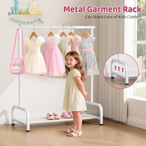 MISSLO Metall Kleiderständer Kinder für Mädchen, Jungen & Kinderzimmer - Kleiner Baby Kleiderstange mit Regal - Garderobenständer für Schlafzimmer,Weiß