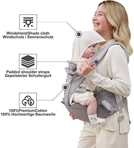 GROWNSY Baby Carrier,Baby Sling, 6 in1Baby Carriers from Newborn, Ergonomic Baby Sling with 6 Carrying Positions for Infants and Toddlers of 3-30 kg Light Grey