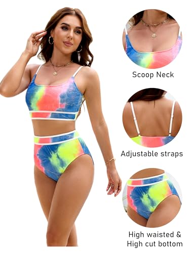 Image of BMJL Women's High Waisted Bikini Ribbed Two Piece Swimsuit High Cut Color Block Adjustable Straps Bathing Suit